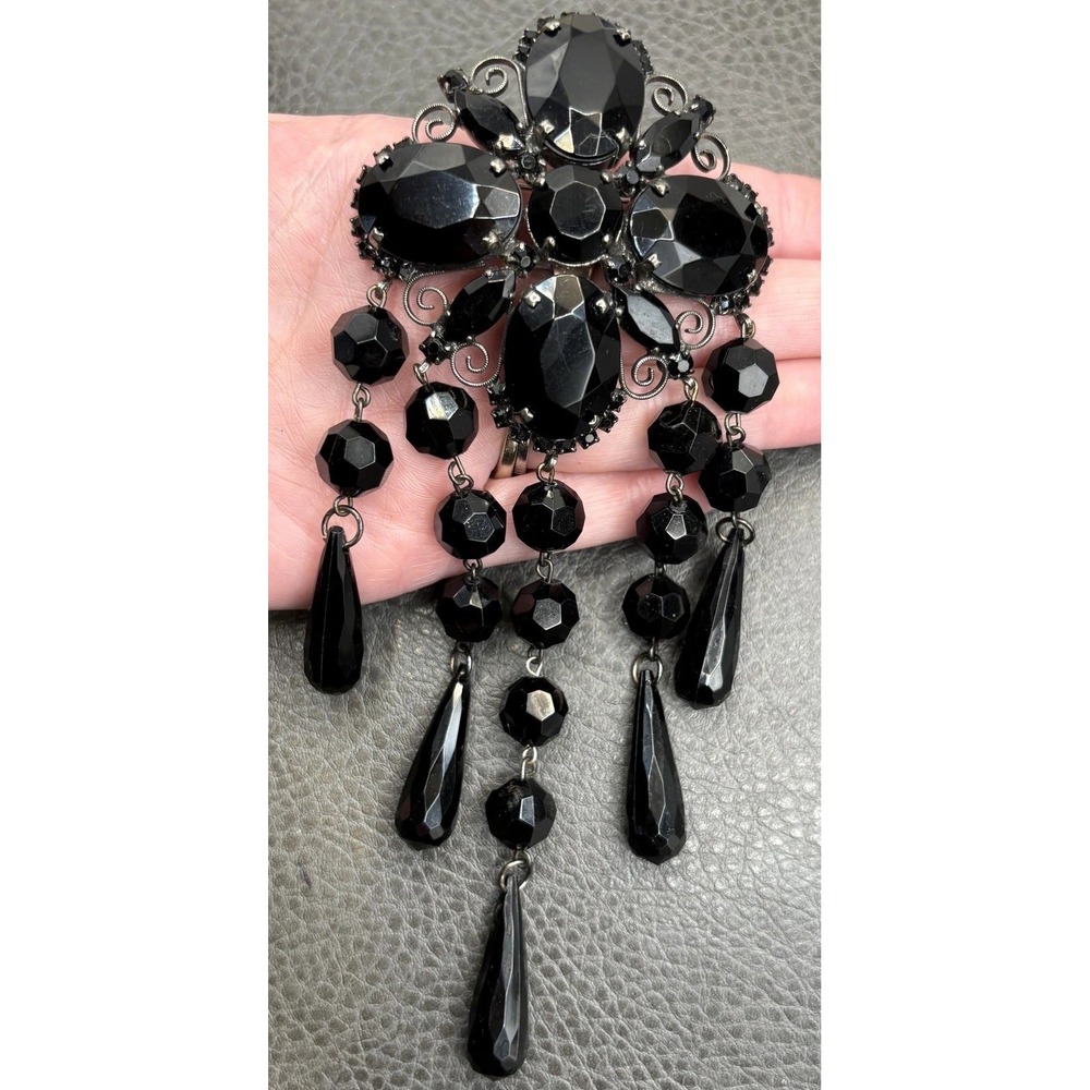 Vintage HUGE 7" Black Faceted Dangle Beads Brooch Mourning Style Silver Tone